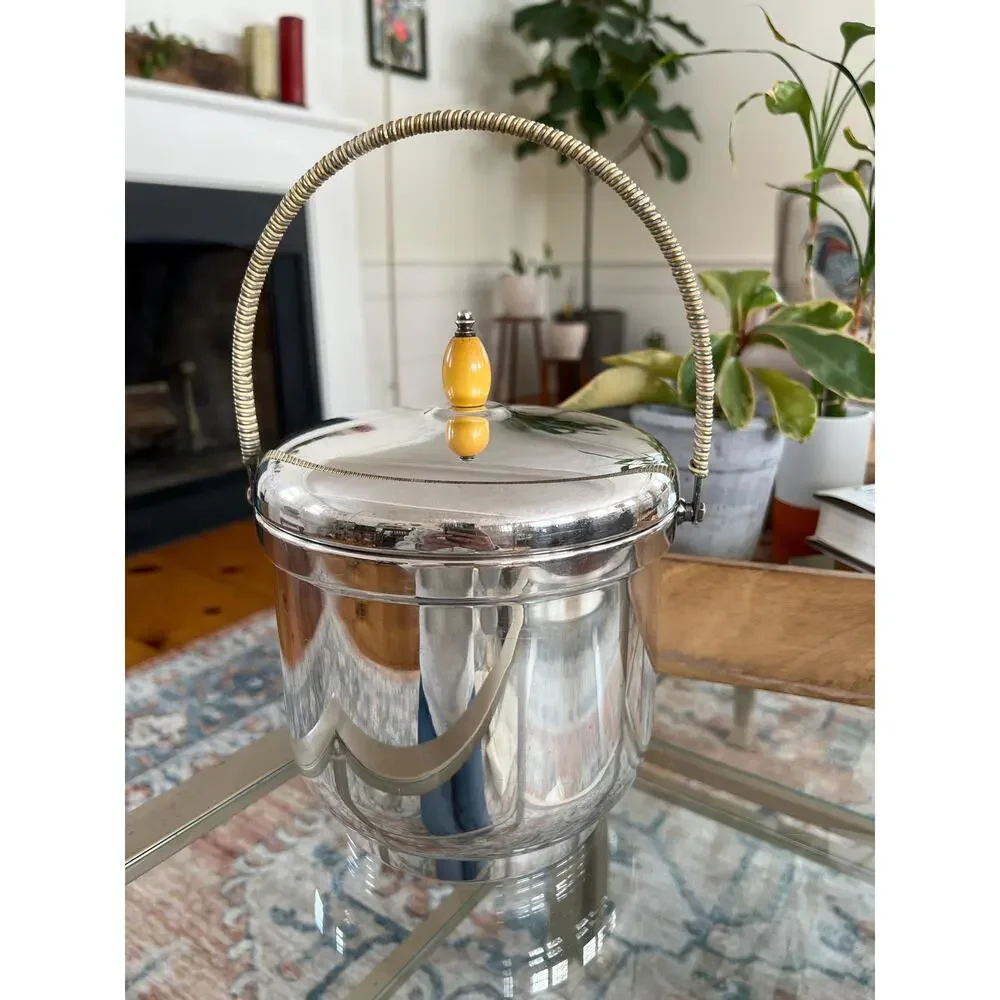 Vintage Silver MCM Ice Bucket Sheffield Silver Company Pyrex Insert, Made in USA